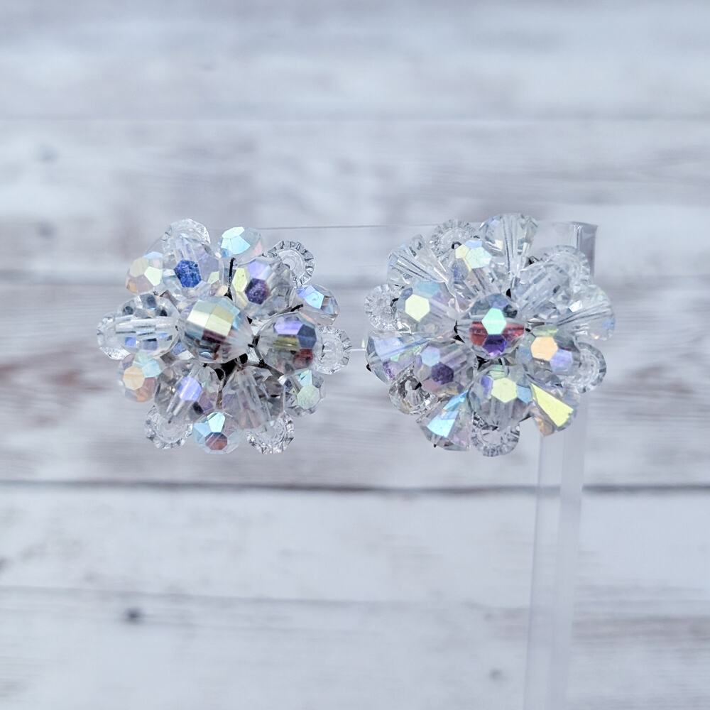 Vintage Clip On Earrings Large Iridescent Cluster - Mismatched